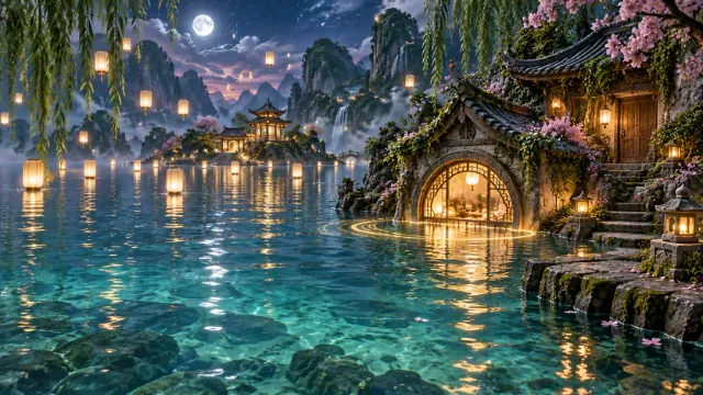 A future to find: lanterns glowing over a lake under the moon