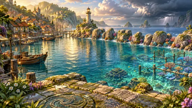 A future to find: a harbor with fishing boats and a lighthouse