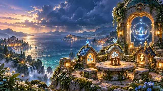A future to find: a cliff-top village at dusk, with a glowing doorway