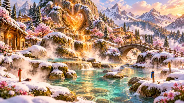 A future to find: a snowy mountain valley with warm, steaming springs