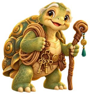 Quill, an old tortoise with a coil of rope and a walking stick